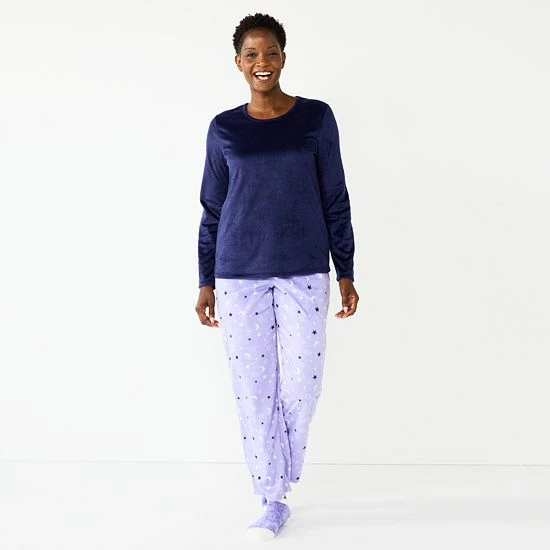 Women's Croft & Barrow® Velour Long Sleeve Pajama Top & Pajama Pants Set Dark Blue Floral - Image 16