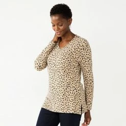 Women's Croft & Barrow® V-Neck Tunic Top Beige Animal Dot