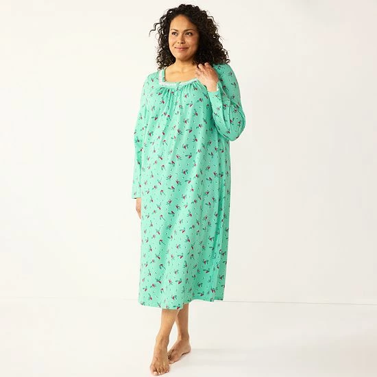 Plus Size Croft & Barrow® Long Sleeve Nightgown Green Cardinals - Image 4