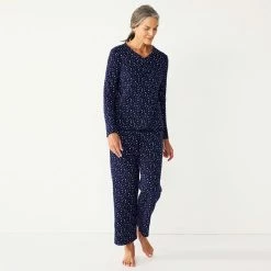 Petite Croft & Barrow® Textured Knit Henley Long Sleeve Pajama Top & Pajama Pants Set Navy Stars