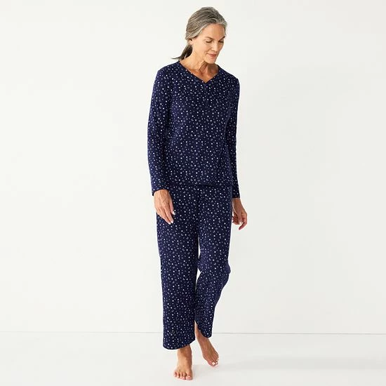 Petite Croft & Barrow® Textured Knit Henley Long Sleeve Pajama Top & Pajama Pants Set Navy Stars
