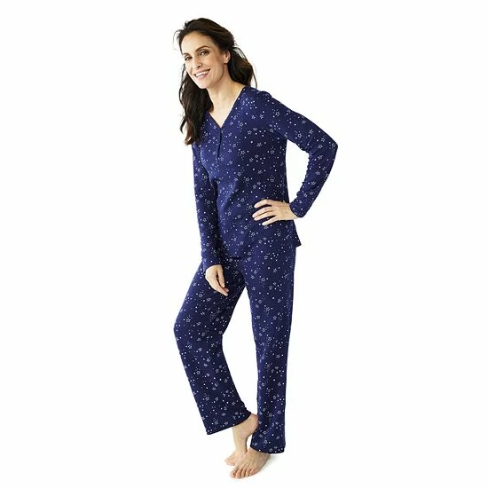 Petite Croft & Barrow® Textured Knit Henley Long Sleeve Pajama Top & Pajama Pants Set Navy Stars - Image 12