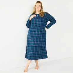 Plus Size Croft & Barrow® Flannel Long Nightgown Green Blue Plaid