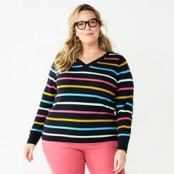 Plus Size Croft & Barrow® Extra Soft V-Neck Sweater Navy Multi Stripe