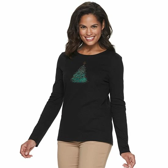 Women's Croft & Barrow® Holiday Long Sleeve Graphic Tee Snow Trees - Image 13