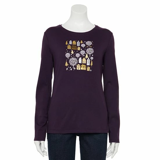 Women's Croft & Barrow® Holiday Long Sleeve Graphic Tee Snow Trees - Image 20